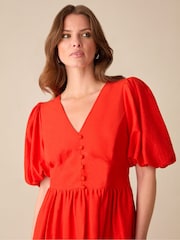 Ro&Zo Red Petite Petite Linen Blend Puff Sleeve V-Neck Midi Dress - Image 2 of 4