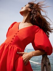Ro&Zo Red Petite Linen Blend Puff Sleeve V-Neck Midi Dress - Image 2 of 6