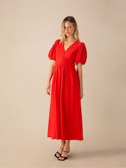 Ro&Zo Red Petite Linen Blend Puff Sleeve V-Neck Midi Dress - Image 3 of 6