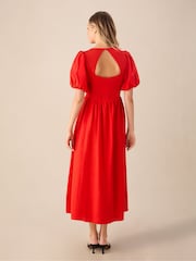 Ro&Zo Red Petite Linen Blend Puff Sleeve V-Neck Midi Dress - Image 4 of 6