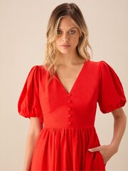 Ro&Zo Red Petite Linen Blend Puff Sleeve V-Neck Midi Dress - Image 5 of 6