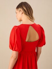 Ro&Zo Red Petite Linen Blend Puff Sleeve V-Neck Midi Dress - Image 6 of 6