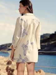 Cream/Blue Embroidered Co-ord 100% Cotton Shirt - Image 10 of 11