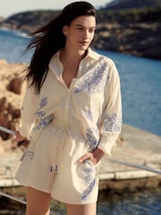 Cream/Blue Embroidered Co-ord 100% Cotton Shirt - Image 11 of 11