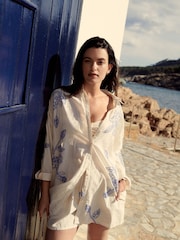 Cream/Blue Embroidered Co-ord 100% Cotton Shirt - Image 3 of 11
