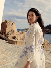 Cream/Blue Embroidered Co-ord 100% Cotton Shirt - Image 5 of 11