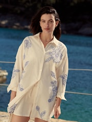 Cream/Blue Embroidered Co-ord 100% Cotton Shirt - Image 8 of 11