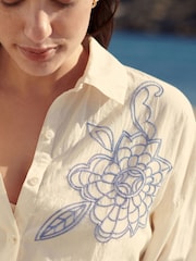 Cream/Blue Embroidered Co-ord 100% Cotton Shirt - Image 9 of 11