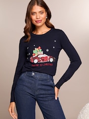 Lipsy Navy Blue Car Christmas Slogan Crew Neck Knitted Jumper - Image 1 of 4