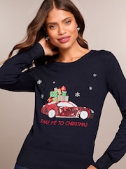 Lipsy Navy Blue Car Christmas Slogan Crew Neck Knitted Jumper - Image 3 of 4