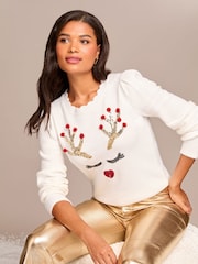 Lipsy Reindeer Petite Christmas Slogan Crew Neck Knitted Jumper - Image 1 of 4