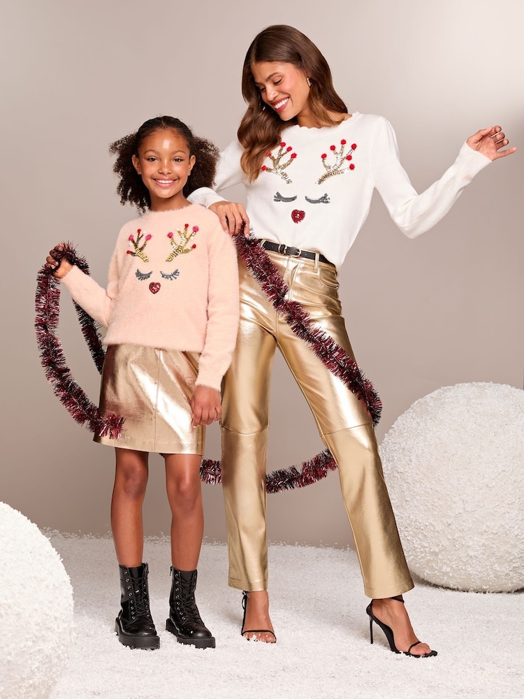 Lipsy Reindeer Petite Christmas Slogan Crew Neck Knitted Jumper - Image 2 of 4