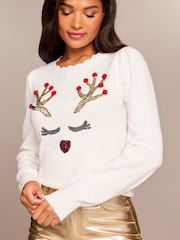 Lipsy Reindeer Petite Christmas Slogan Crew Neck Knitted Jumper - Image 3 of 4