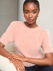 Lipsy Pink Cable Knitted Short Sleeve Embellished Jumper - Image 1 of 4