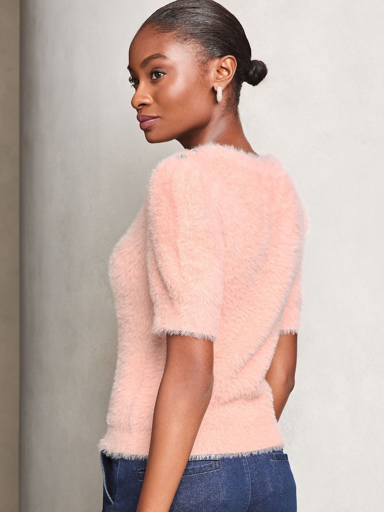 Lipsy Pink Cable Knitted Short Sleeve Embellished Jumper - Image 4 of 4