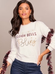 Lipsy Sleigh Bells Christmas Slogan Crew Neck Knitted Jumper - Image 1 of 4
