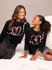 Lipsy Black Candy Cane Christmas Slogan Crew Neck Knitted Jumper - Image 1 of 4