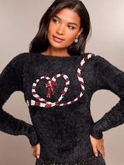Lipsy Black Candy Cane Christmas Slogan Crew Neck Knitted Jumper - Image 2 of 4