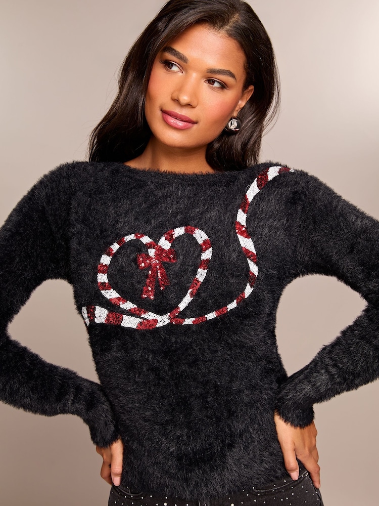 Lipsy Black Candy Cane Christmas Slogan Crew Neck Knitted Jumper - Image 2 of 4
