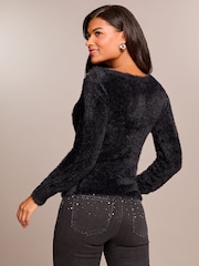 Lipsy Black Candy Cane Christmas Slogan Crew Neck Knitted Jumper - Image 4 of 4
