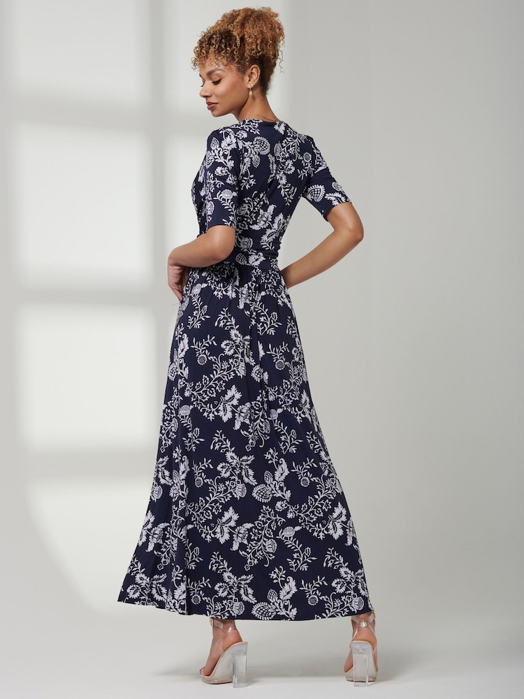 Jolie Moi Blue V-Neck Short Sleeve Maxi Dress - Image 2 of 6 Jolie Moi Blue V-Neck Short Sleeve Maxi Dress - Image 2 of 6