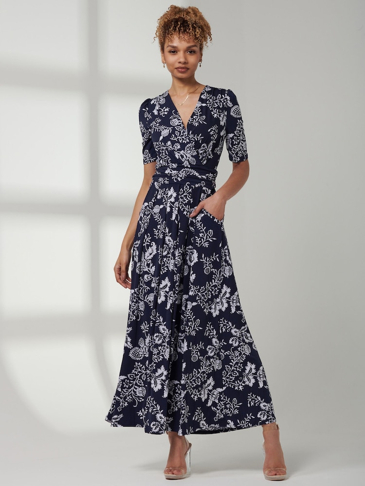 Jolie Moi Blue V-Neck Short Sleeve Maxi Dress - Image 6 of 6 Jolie Moi Blue V-Neck Short Sleeve Maxi Dress - Image 6 of 6