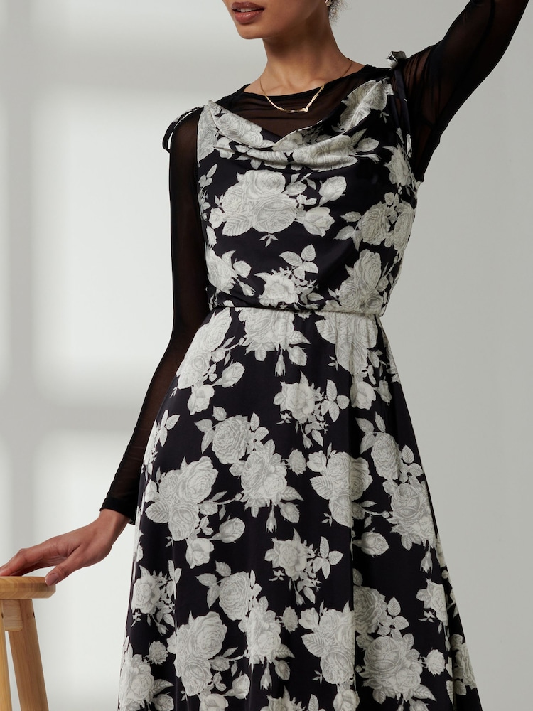 Jolie Moi Black Spaghetti Strap Frill Hem Midi Dress - Image 2 of 6
