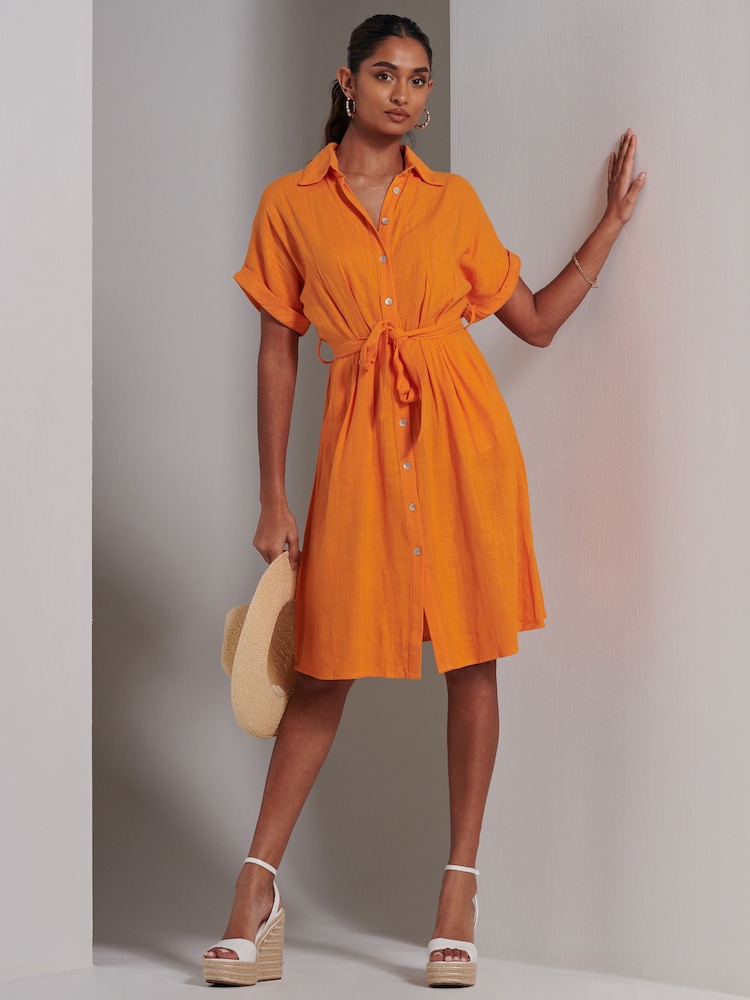 Jolie Moi Orange Olivea Linen Drop Shoulder Shirt Dress - Image 1 of 6