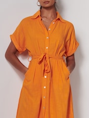 Jolie Moi Orange Olivea Linen Drop Shoulder Shirt Dress - Image 3 of 6
