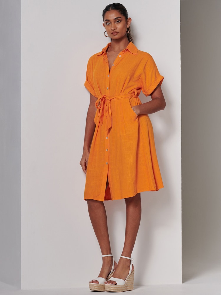 Jolie Moi Orange Olivea Linen Drop Shoulder Shirt Dress - Image 6 of 6