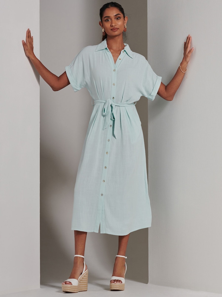 Jolie Moi Blue Jessie Linen Shirt Midi Dress - Image 1 of 6