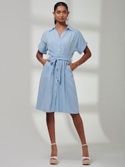 Jolie Moi Blue Olivea Linen Drop Shoulder Shirt Dress - Image 1 of 6