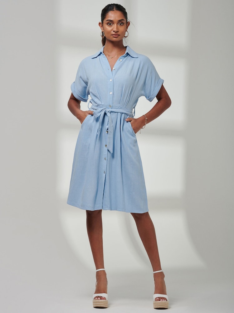 Jolie Moi Blue Olivea Linen Drop Shoulder Shirt Dress - Image 1 of 6