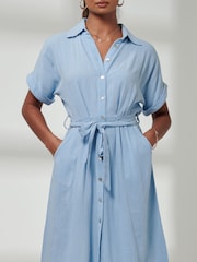 Jolie Moi Blue Olivea Linen Drop Shoulder Shirt Dress - Image 3 of 6