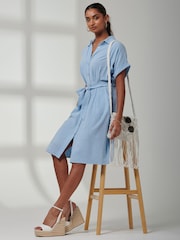 Jolie Moi Blue Olivea Linen Drop Shoulder Shirt Dress - Image 5 of 6