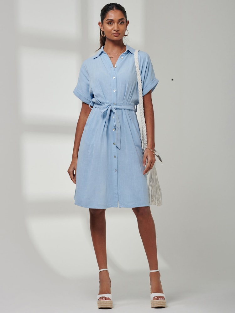 Jolie Moi Blue Olivea Linen Drop Shoulder Shirt Dress - Image 6 of 6