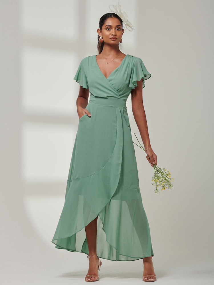Jolie Moi Green Vicky Chiffon Frill Maxi Dress - Image 1 of 6 Jolie Moi Green Vicky Chiffon Frill Maxi Dress - Image 1 of 6