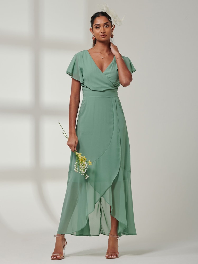 Jolie Moi Green Vicky Chiffon Frill Maxi Dress - Image 5 of 6