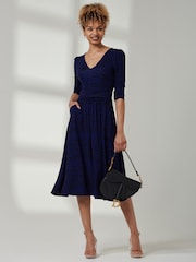 Jolie Moi Blue V-Neck Fit & Flare Jersey Midi Dress - Image 1 of 6