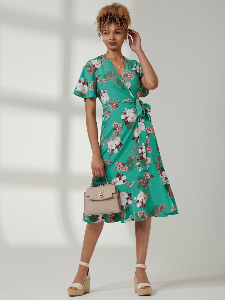 Jolie Moi Green Angel Sleeve Front Wrap Midi Dress - Image 1 of 6