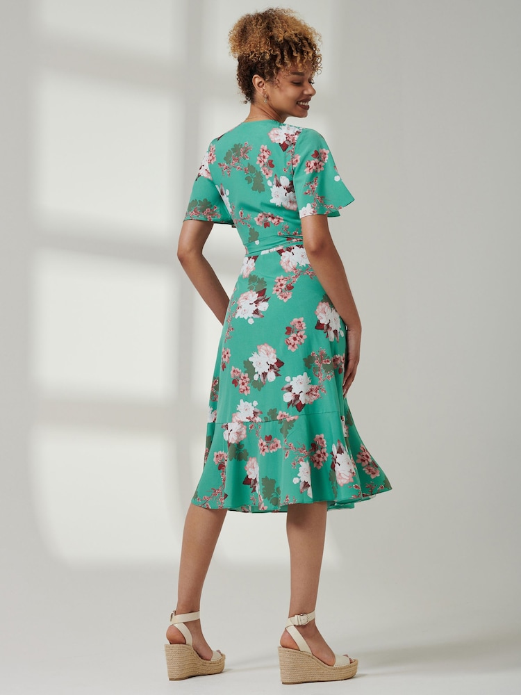 Jolie Moi Green Angel Sleeve Front Wrap Midi Dress - Image 2 of 6