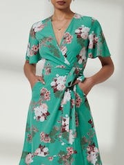 Jolie Moi Green Angel Sleeve Front Wrap Midi Dress - Image 3 of 6