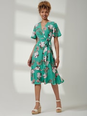 Jolie Moi Green Angel Sleeve Front Wrap Midi Dress - Image 4 of 6
