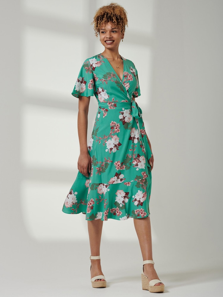 Jolie Moi Green Angel Sleeve Front Wrap Midi Dress - Image 6 of 6