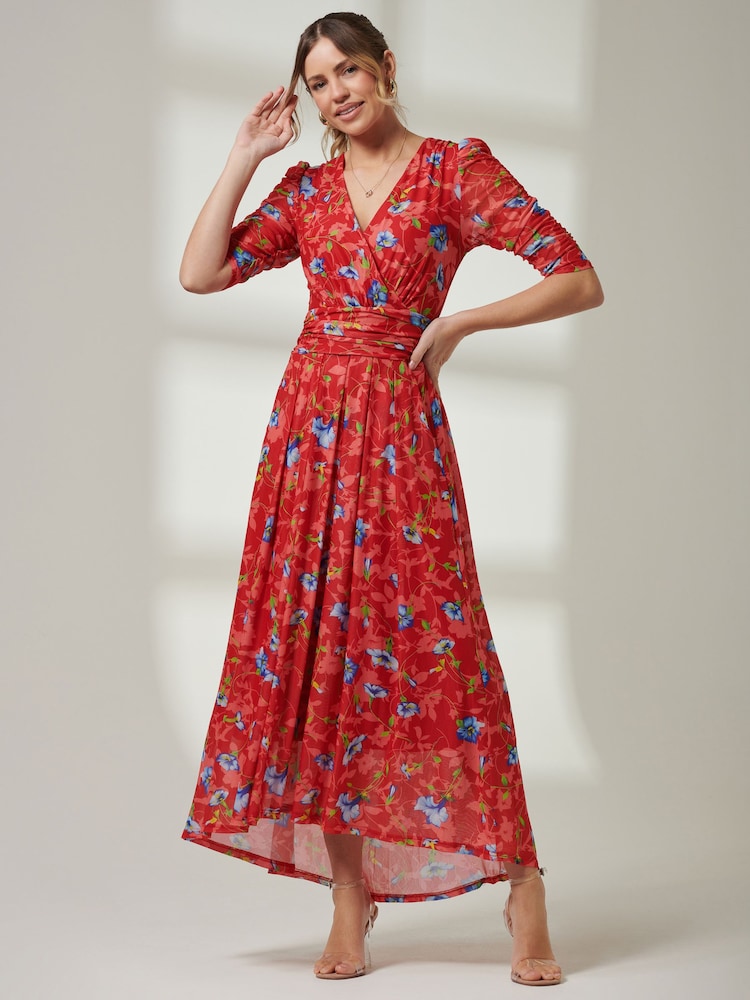 Jolie Moi Red V-Neck Short Sleeve Mesh Maxi Dress - Image 1 of 6