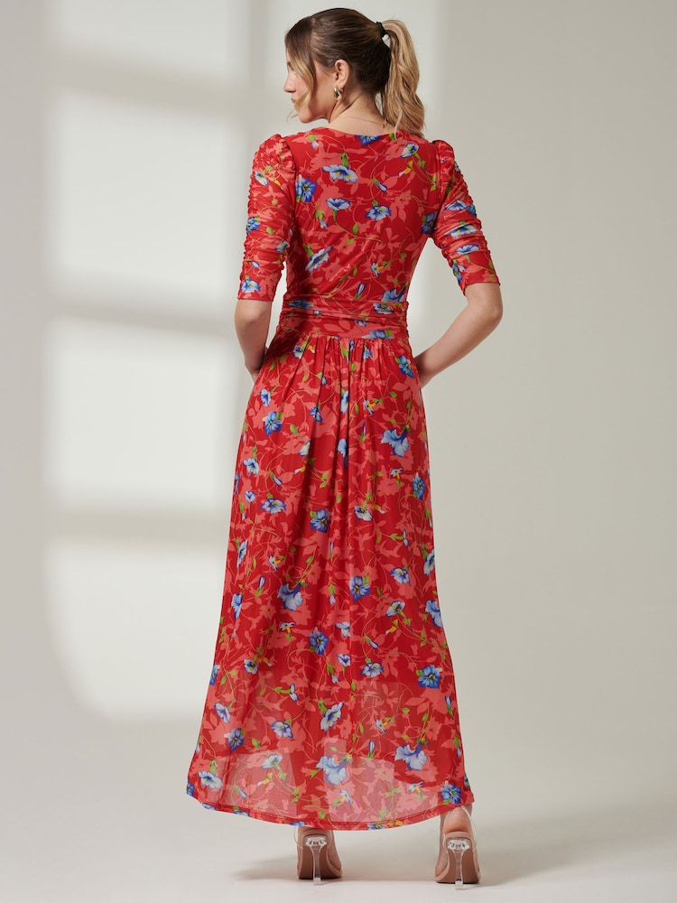 Jolie Moi Red V-Neck Short Sleeve Mesh Maxi Dress - Image 2 of 6