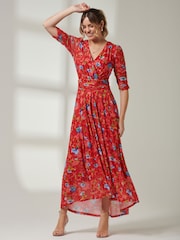 Jolie Moi Red V-Neck Short Sleeve Mesh Maxi Dress - Image 5 of 6