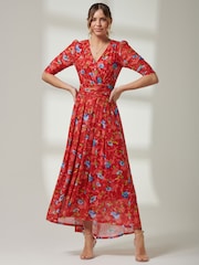 Jolie Moi Red V-Neck Short Sleeve Mesh Maxi Dress - Image 6 of 6