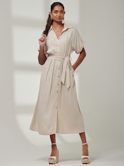Jolie Moi Natural Jessie Linen Shirt Midi Dress - Image 1 of 6