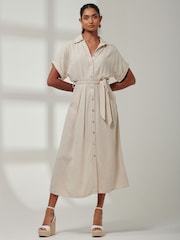 Jolie Moi Natural Jessie Linen Shirt Midi Dress - Image 4 of 6